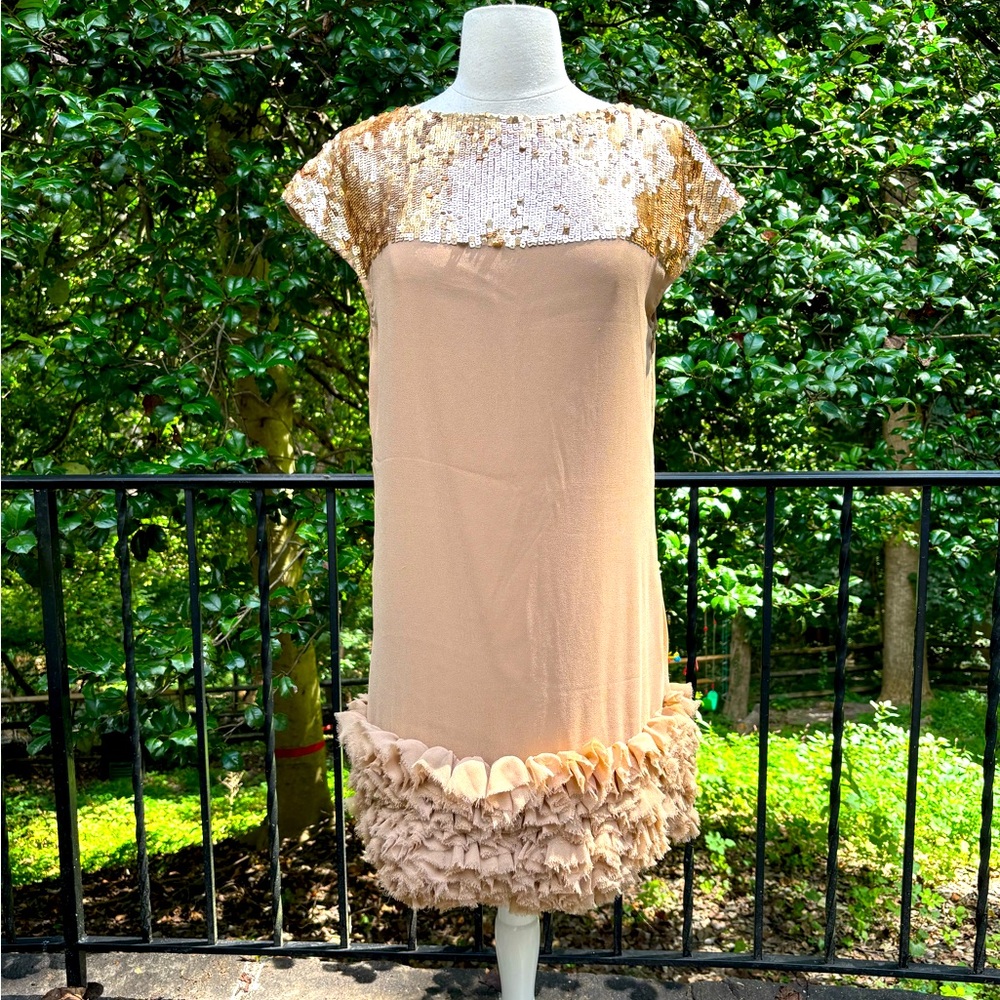 ELISABETTA FRANCHI gold sequin ruffle shift dress S $750